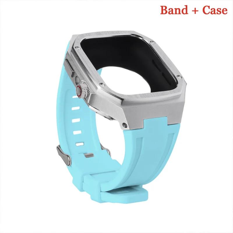 Luxury Modification Kit For Apple Watch 8 7 44mm 45mm 40mm 41mm Stainless Steel Case Rubber Sports Strap For IWatch Series 6 5 4