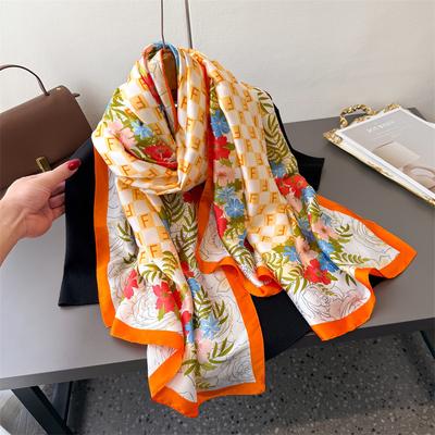 Letter Plaid Simulation Silk Brocade Fashion Sunscreen Spring And Summer Style Silk Scarf Long Scarf Shawl Versatile Headscarf Scarf