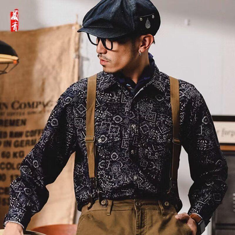 

Рабочая рубашка мужская с длинным рукавом, свободного этнического стиля, винтажная модная повседневная рубашка XXXL темно-синий