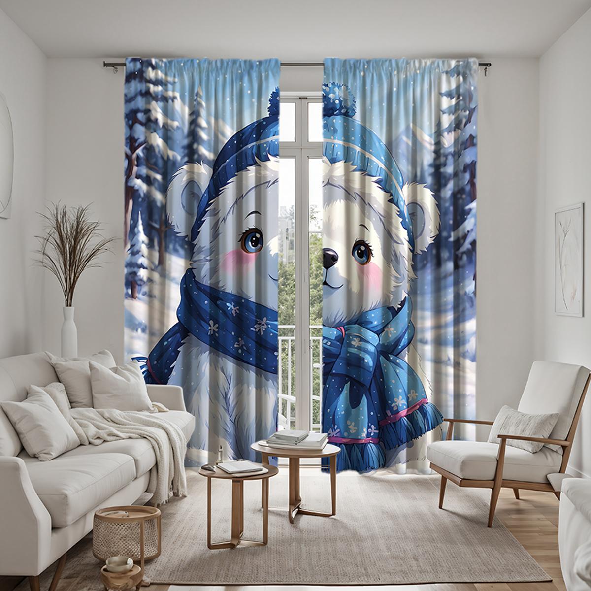 

Комплект из 2 предметов, HD, милый зимний медведь, декоративная занавеска, синяя занавеска с цифровой печатью, украшение для дома, стиль, украшение для гостиной W52H63inchW132H160cm