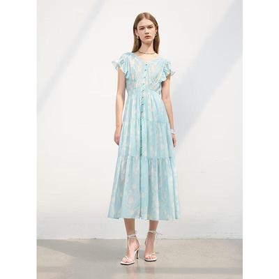 Sancai 2025 Summer Floral Ruffle A-Line Long Dress