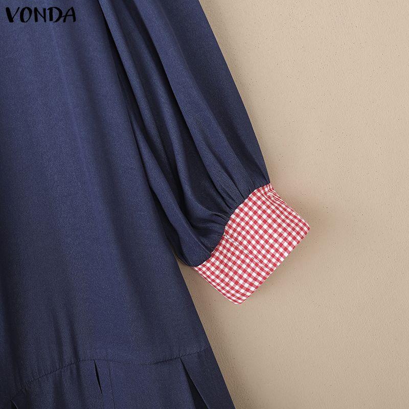 VONDA Women Turn Down Collar Long Sleeve Stitching Plaid Print Casual Ruffled Dress
