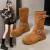 Women Western Cowgirl Boots Fashion Belt Buckle Shoes Autumn Winter Thick Heel Women's Mid Calf Booties  Women Shoes