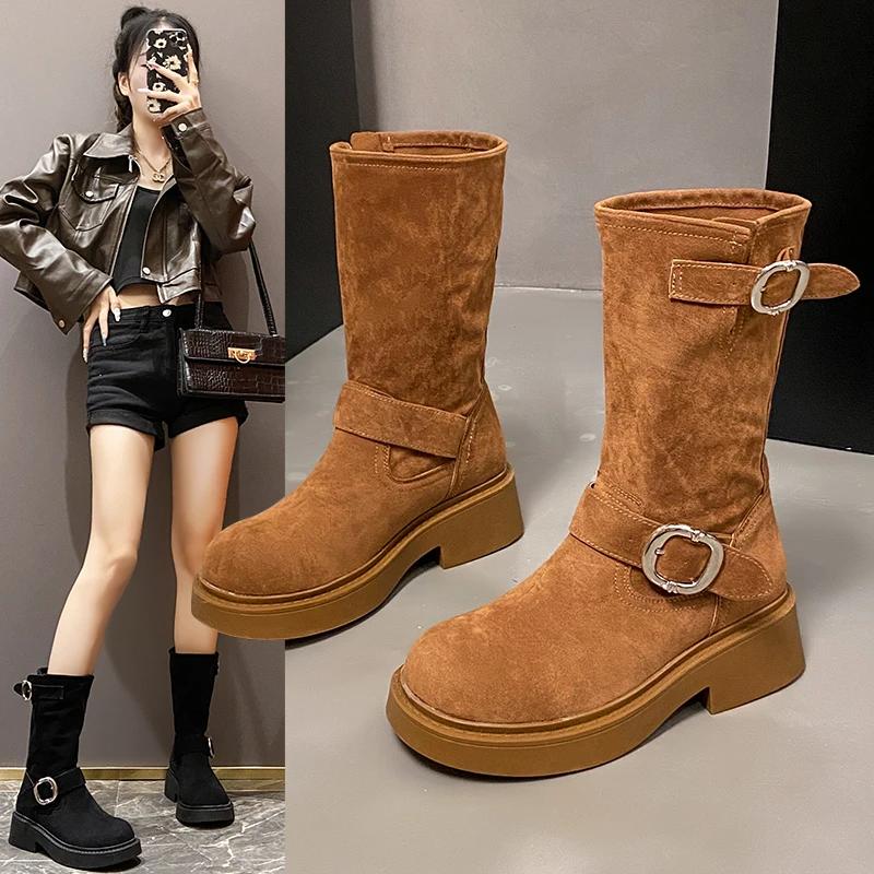 Women Western Cowgirl Boots Fashion Belt Buckle Shoes Autumn Winter Thick Heel Women's Mid Calf Booties  Women Shoes