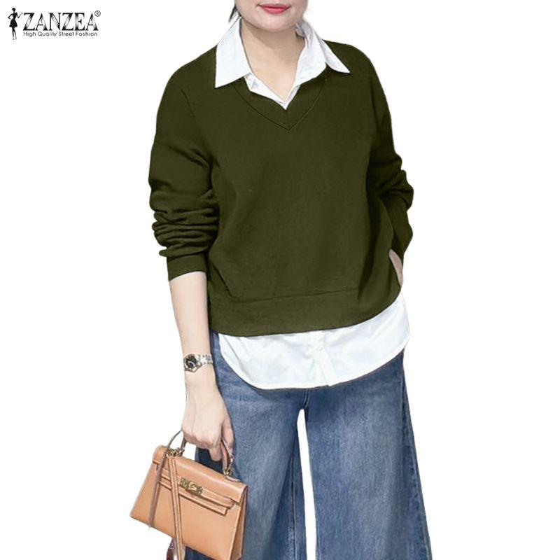 ZANZEA Dame Casual Nedslått Krage Langermet Patchwork Pullover Sweatshirts