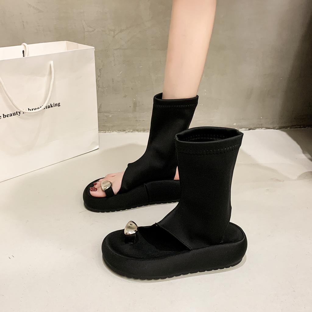 Niche set of toe Roman cool boots women's summer 2025 new muffin thick-soled high-top sandals elastic thin short boots