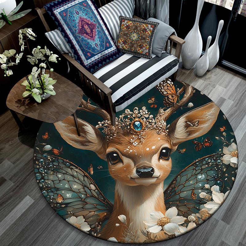 Deer with Flowers Round Area Rug,Carpet Rug for Living Room Bedroom Sofa Playroom Decor,Non-slip Floor Mat