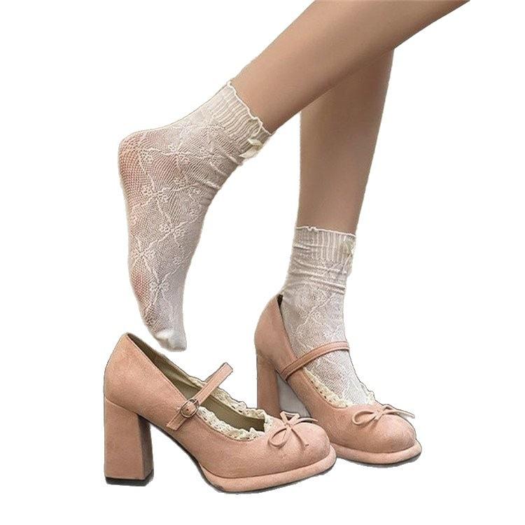 French temperament elegant retro Mary Jane shoes spring high heels bow word single shoes lace