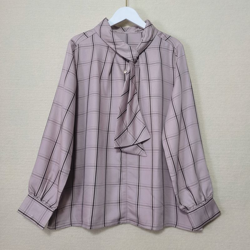 Foreign Trade Original Order Artsy Retro Plaid Shirt Women's Work Clothing Chic Ribbon Stand Collar Pullover Long Sleeves Tops Spring and Autumn