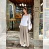 Fake Design Sense Two Pieces One-word Shoulder Swing Collar Long-sleeved Bottom T-shirt Women's Early Autumn Slim-fit Horn-sleeved Small Top