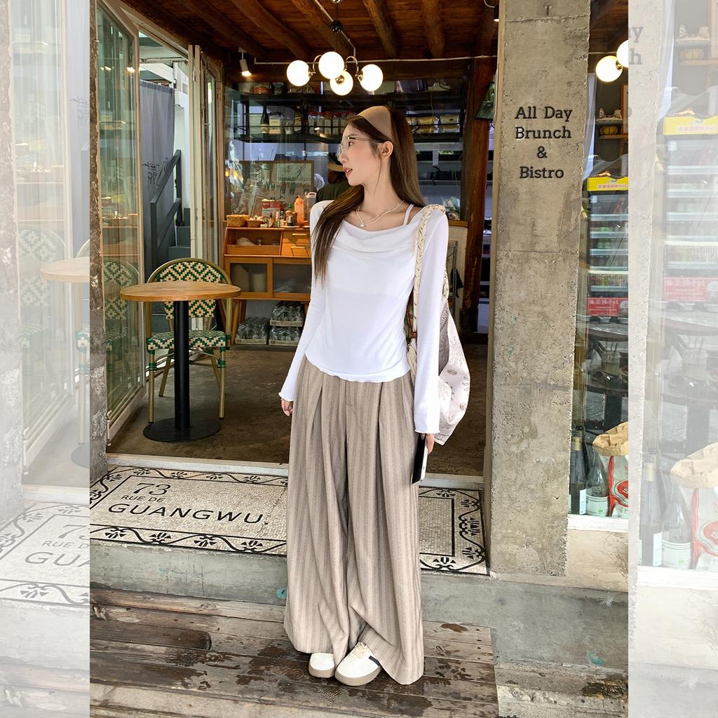 Fake Design Sense Two Pieces One-word Shoulder Swing Collar Long-sleeved Bottom T-shirt Women's Early Autumn Slim-fit Horn-sleeved Small Top