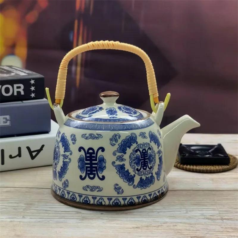 Ceainic din porțelan de uz casnic Oală din ceramică de mare capacitate cu apă rece Oală mare din porțelan, albastru și alb, cu mâner cu buclă