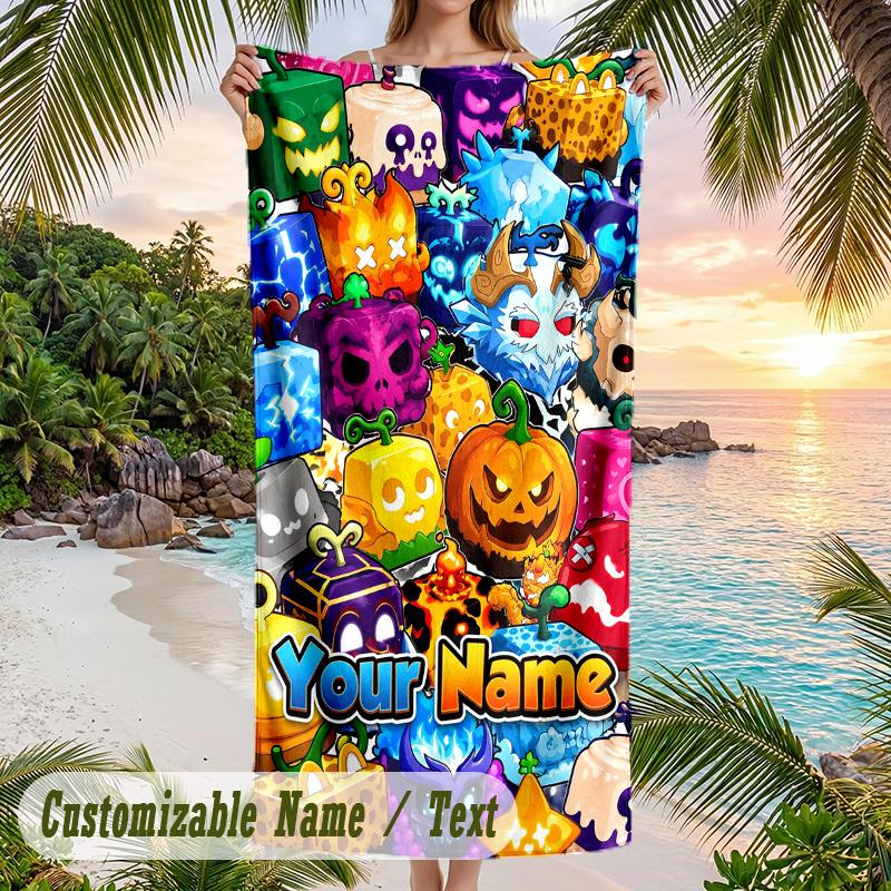 Blox Fruits Beach Towel, Personalized Custom Text, Quick Dry Soft Large Towel For Swimming Pool Travel