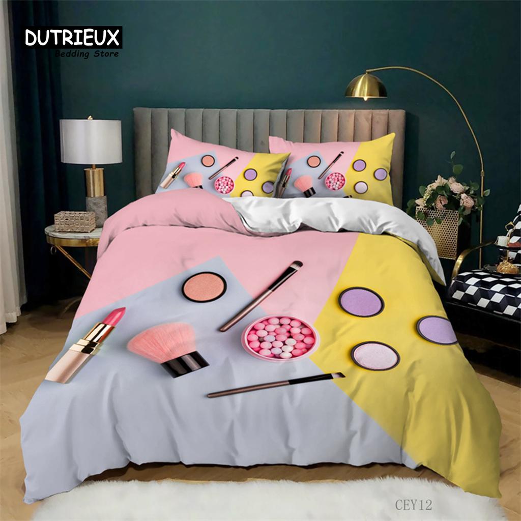 Fashion Sleep Bedding Collection Makeup Cosmetic Theme Bedspread Cover Polyester Perfume Lipstick Nail Polish Brush Print Pattern Quilt Cover King