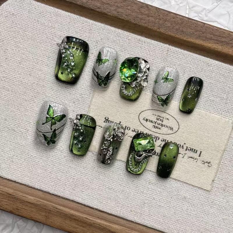 Green Butterfly Short Almond Press-On Nails Handmade Artificial Nail Tips Women Girls Medium