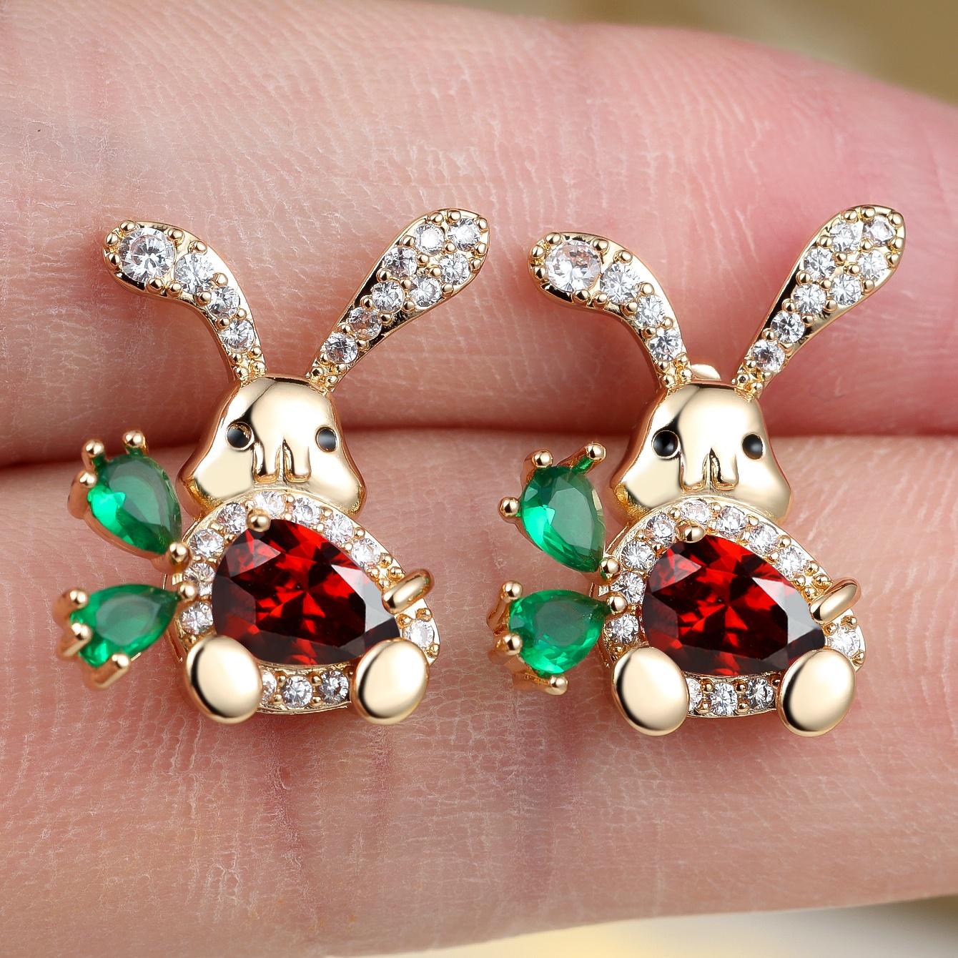 

Female Small White Red Green Zircon Stone Rabbit Stud Earrings Vintage Gold Color Wedding Party Gift Jewelry For Women