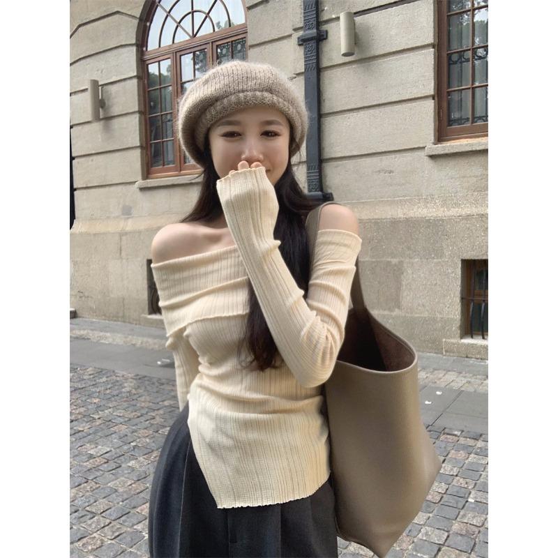 Autumn Winter One Word Collar Slit Irregular Sweater Women Long Sleeve Off the Shoulder Knitting Bottomed Top