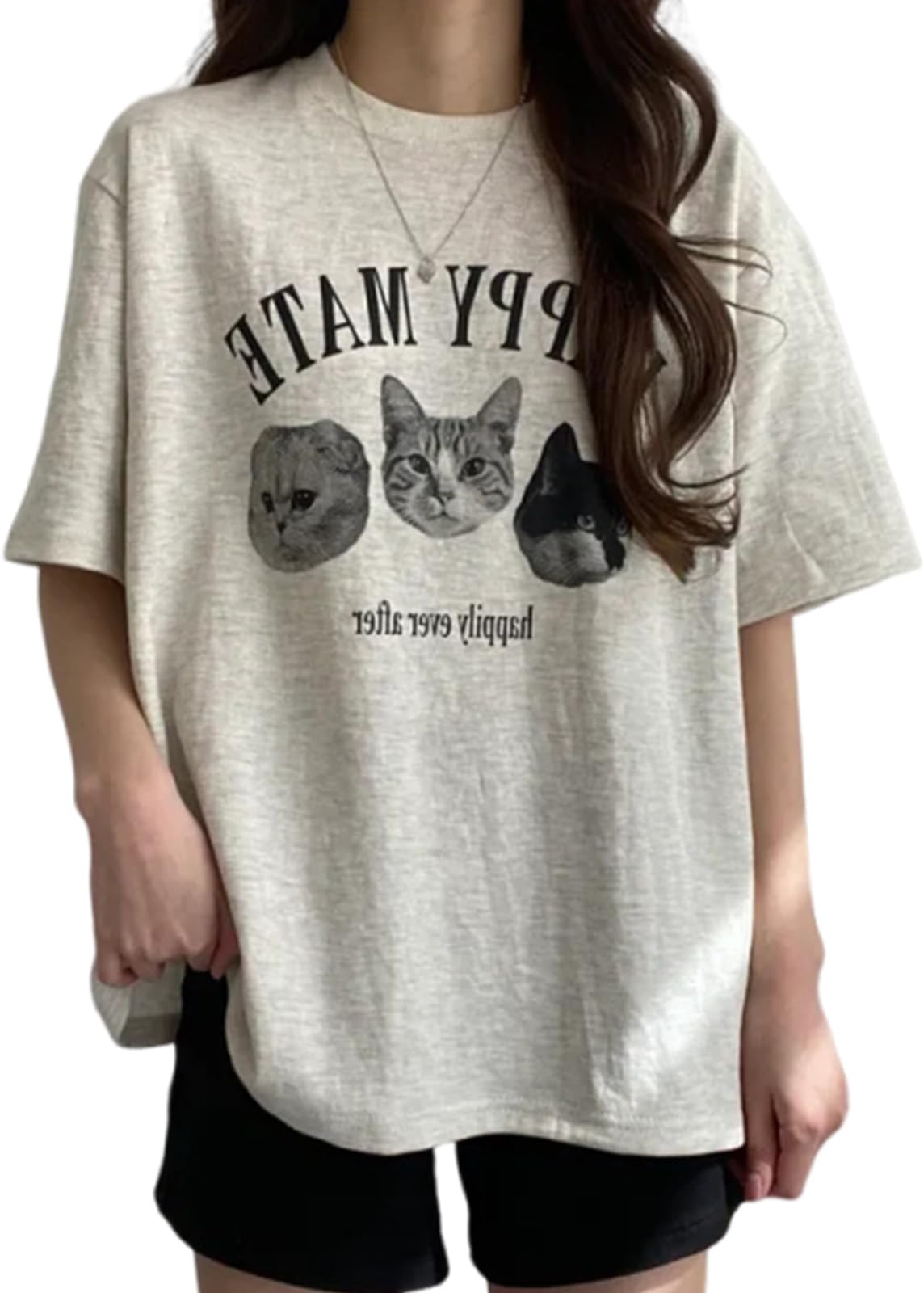 

J.STORE Cat Print T-Shirt, Short Sleeve, Summer Casual Loose Fit, Cute Cat T-Shirt, Women s, Gray, Size 5S-J11-GYL