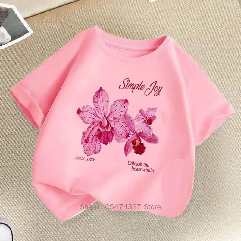 Beautiful Flower Print Tshirt Children Summer Girls Casual Korean Style Colorful Tops Kids Comfortable Oneck Short Sleeve Tees