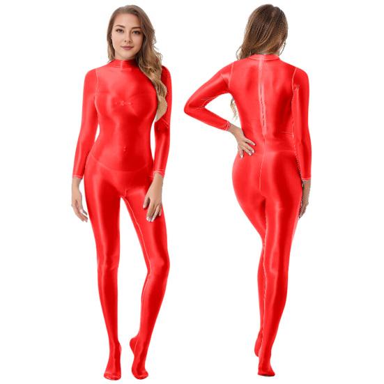 Lady Glossy Bodystocking Stretchy Sexy Full Bodysuit Long Sleeve Jumpsuit with Zipper Shiny Smooth Leotard Catsuit for Dance Practice Club Pole Dance