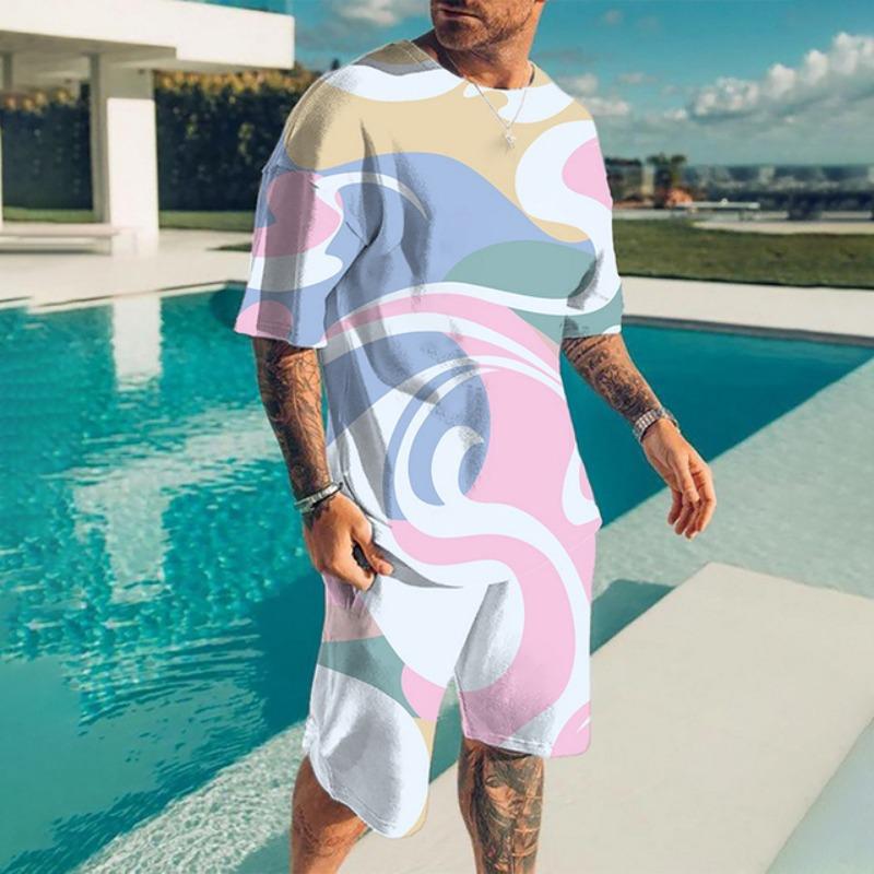 Summer Casual Breathable and Refreshing Sports Suit Oversized Men's Top Y2K Style 3D Printed Format Pattern Short Sleeve T-Shirt Man 2-Piece