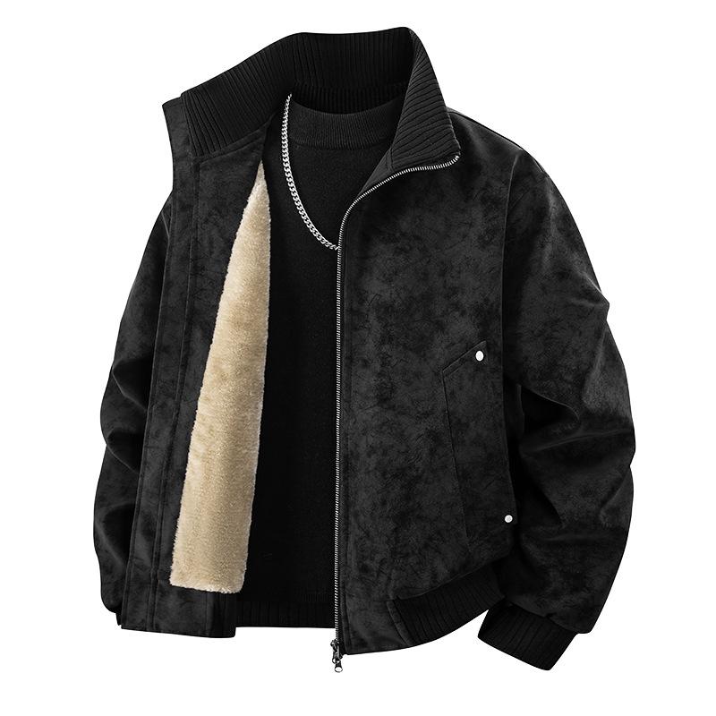 

2025 Winter Men s Retro Plus Size PU Leather Stand Collar Motorcycle Jacket with Velvet Lining M чорний