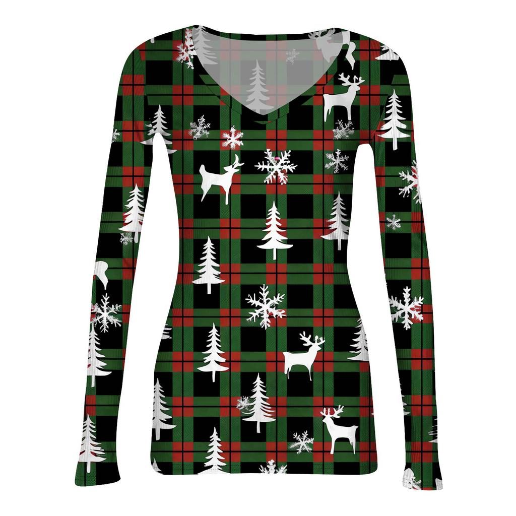 Dámské zimní přiléhavé základní tričko Módní vánoční potisk Výstřih do V Pulovr Top s dlouhým rukávem
