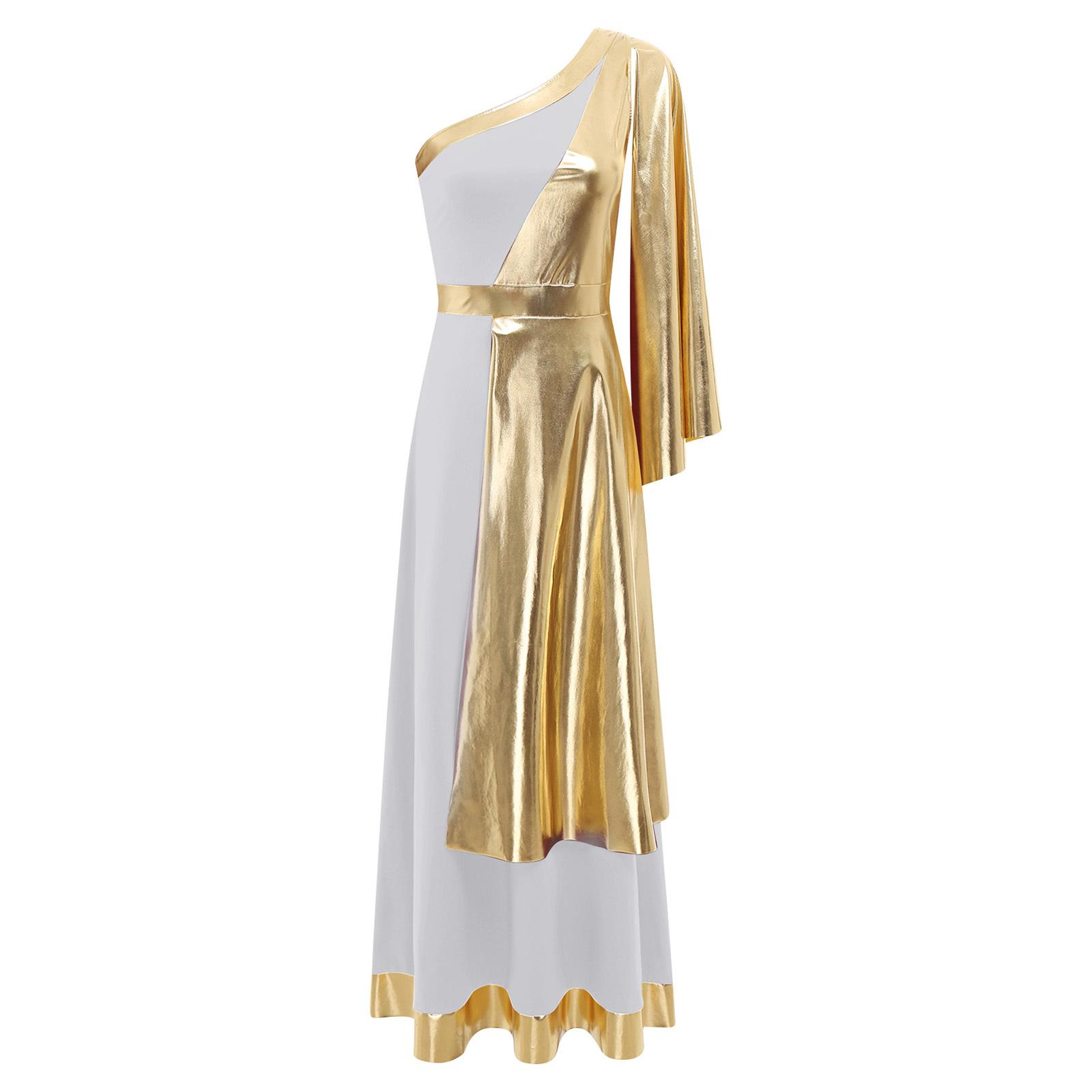 

Womens Ancient Greek Tunic Dress One Shoulder Drape Sleeveless Metallic Shiny Layer Toga Halloween Costume S білий