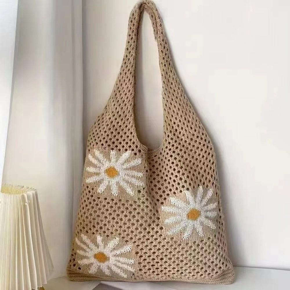 Large Capacity Beach Knitting Bag Flowers Pattern Hollow Shoulder Bag Crochet Tote Bag  Office