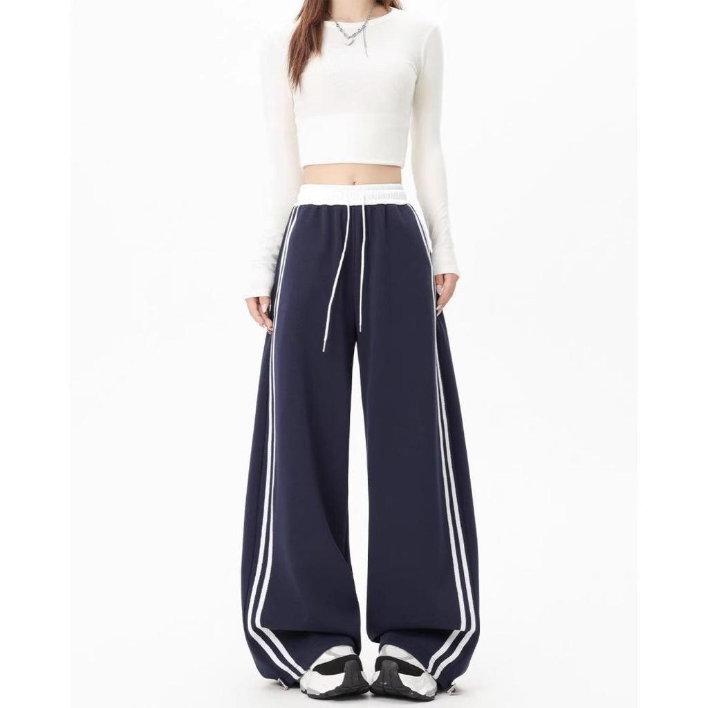 Retro Women's Color Block Patchwork Sweatpants - Loose Wide-Leg Style for Spring & Autumn in Southeast Asia