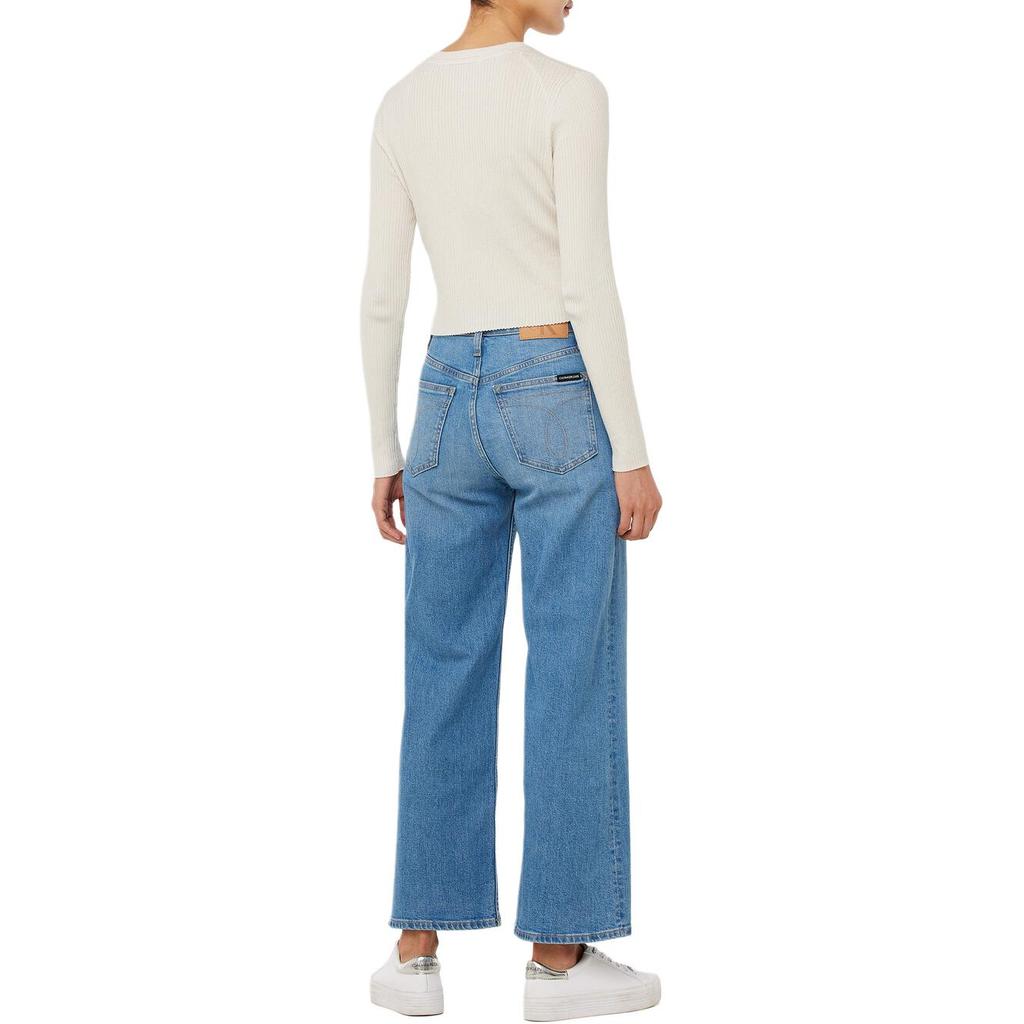 Calvin Klein Jean Jacquard Lettre Col en V Manches Longues Tricot Top Femme tops Blanc cassé J224287