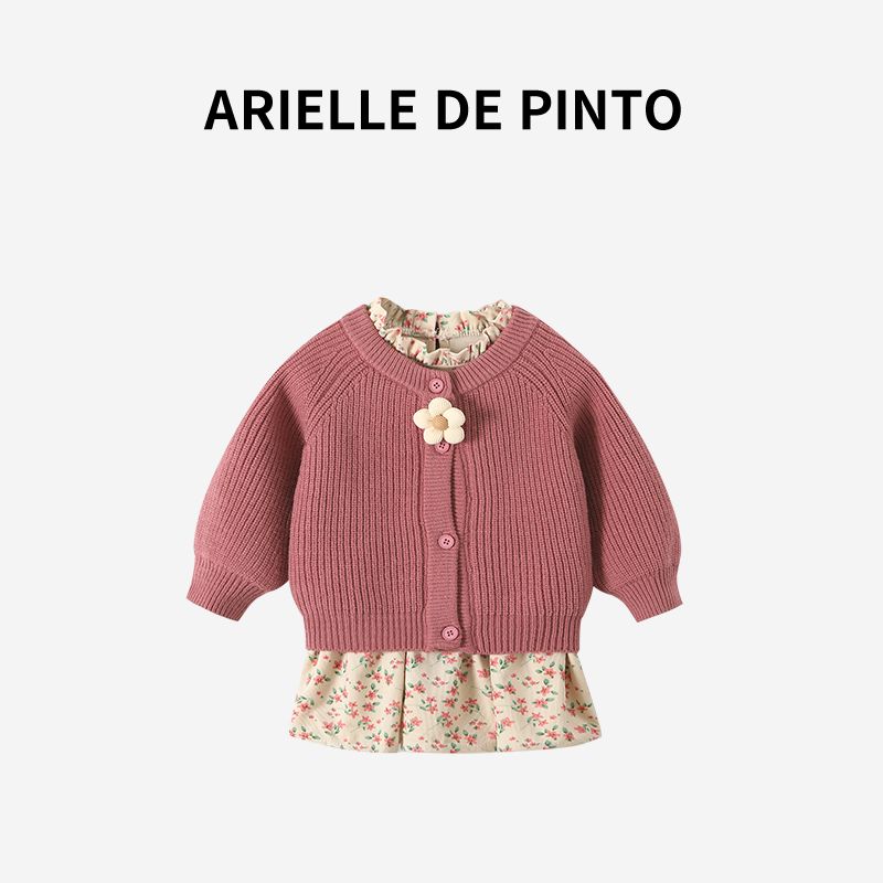 French Arielle De Pinto Girls  Autumn Outfit Fashionable Floral Dress and Cardigan Two-Piece Set Pink 90