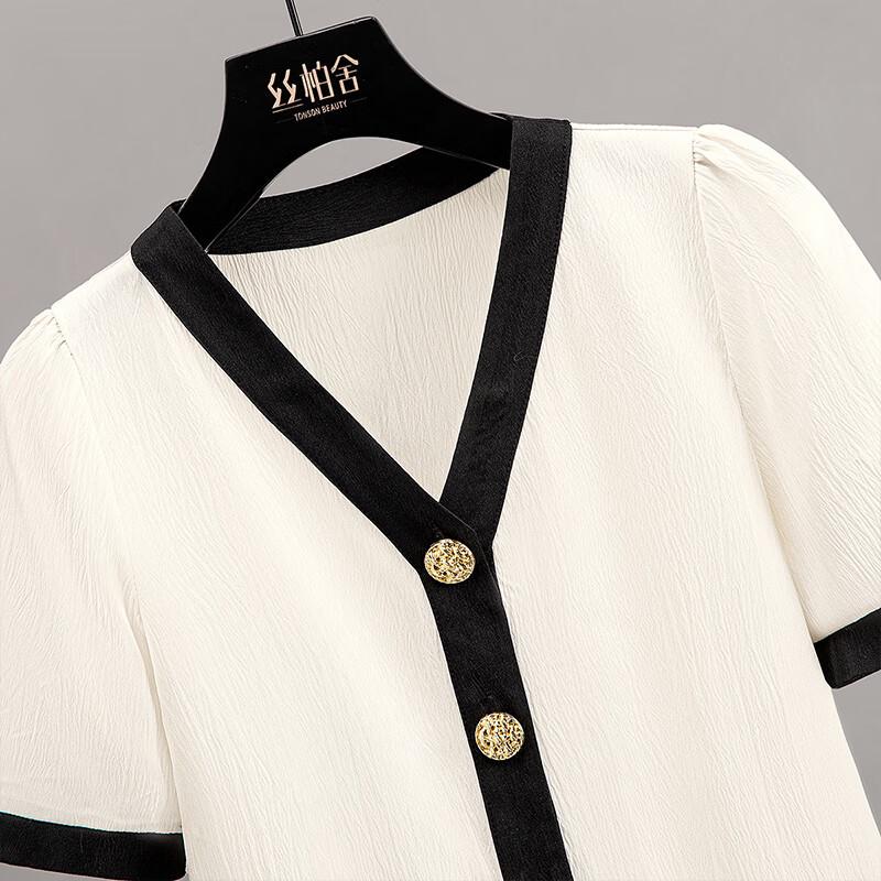 Women's Color-Block V-Neck Short Sleeve Slim Fit Shirt