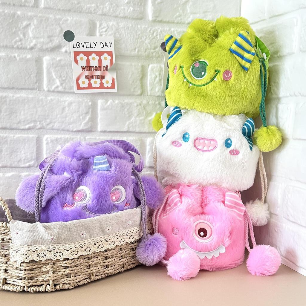Rozkošný monster pompon stahovací kbelík - Roztomilá plyšová crossbody