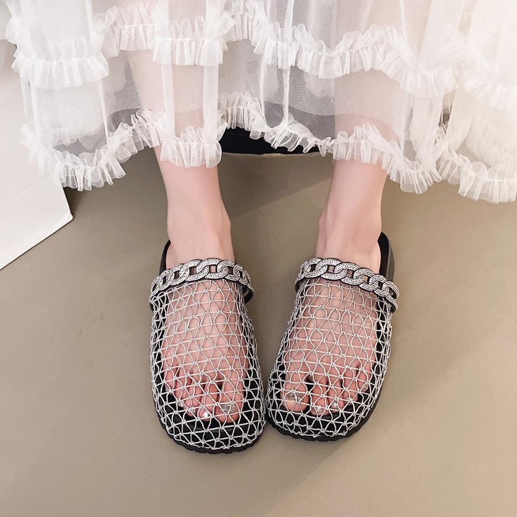 Retro woven fishing net cool slippers women's outer wear 2025 summer new rhinestone thick bottom word with bag head half slippers