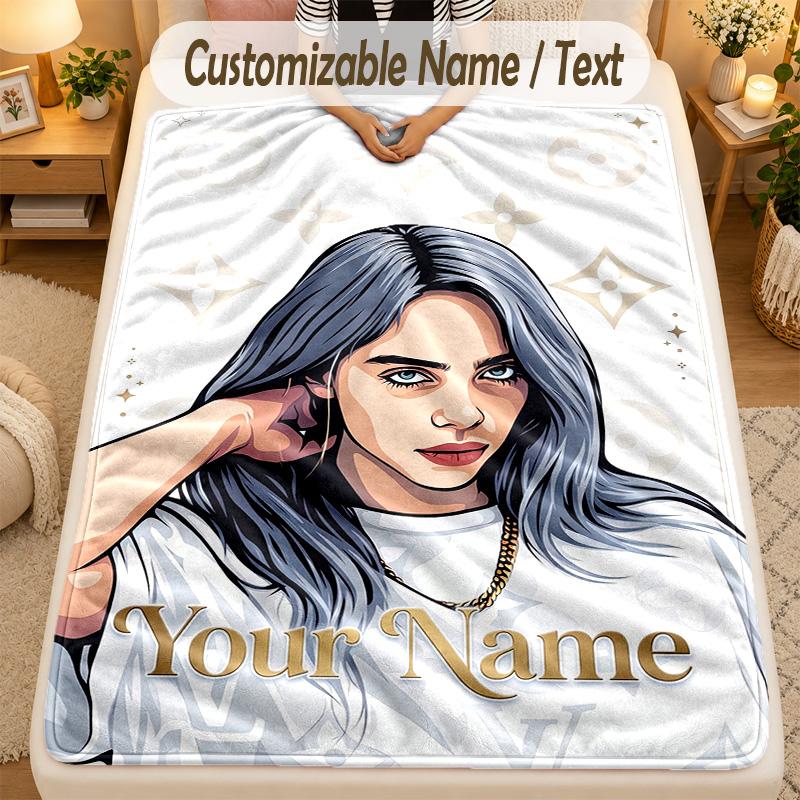 Flannel BlanketBillie Eilish Custom Name Text Personalized Soft Warm Throw Blanket Home Decor Gift