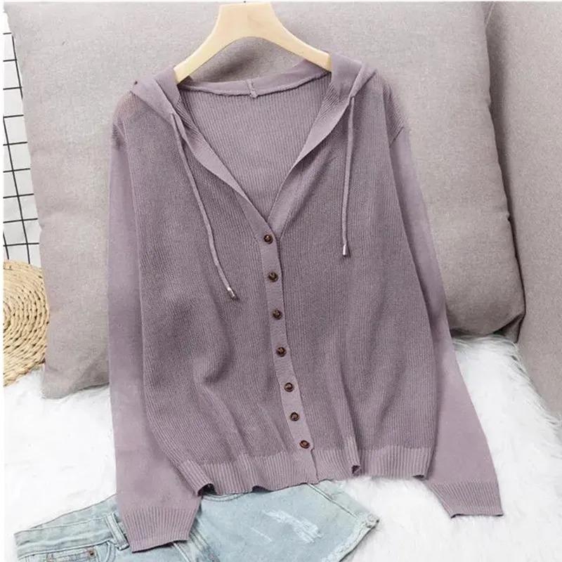 Summer Short Knitted Cardigan Coat Women's Hooded Ladies Solid Color Button Sun Protection Thin Outdoor Outwear