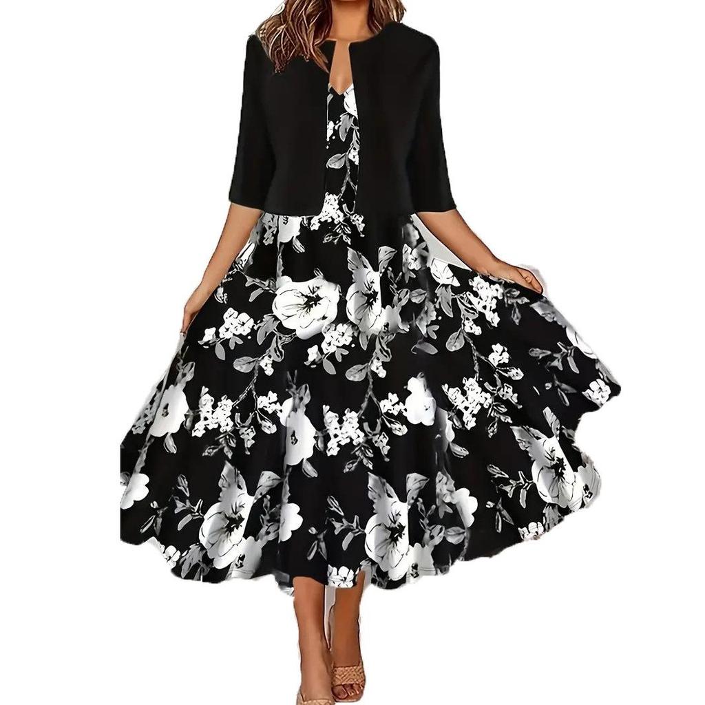 Women Floral Print Dress with Short Sleeve Cardigan and Pink Rose Design