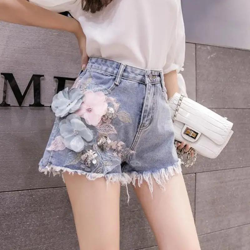 3D Florale Spitze Sommer Denim Shorts Damen Streetwear Hohe Taille Schlanke Passform Y2k Zerrissen Mode Shorts Große Größen