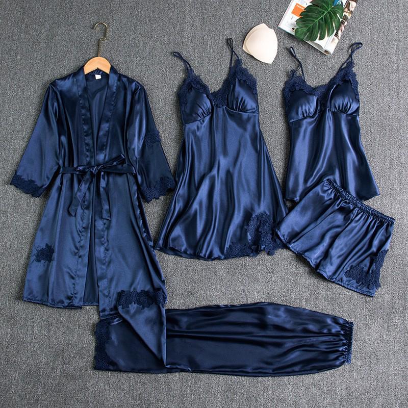 Women's Five-Piece Ice Silk Pajama Set - Long Sleeve, Lightweight, Plus Size, with Bathrobe