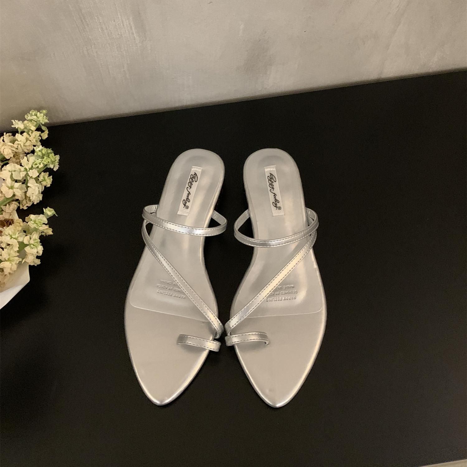 

Fashion Bailamos 2025 Summer New Brand Women Slipper Fashion Narrow Band Slip On Flip Flop Thin Low Heel Outdoor Dress Sandal Slides 40 серебряный