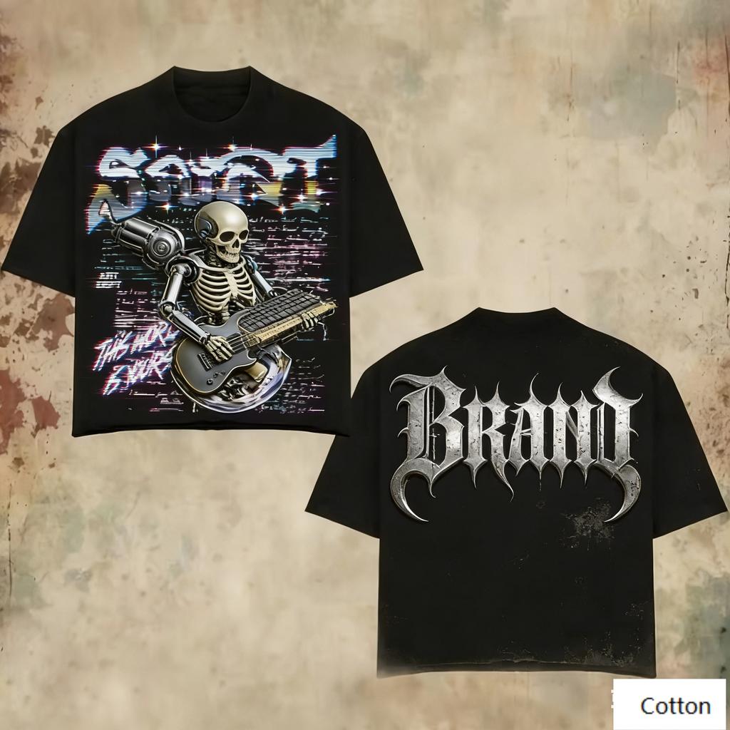 Oversized Black Cotton TShirt with Bold Cyber Skeleton Guitar Graphic and Gothic BRAND Text Unisex Streetwear Tee