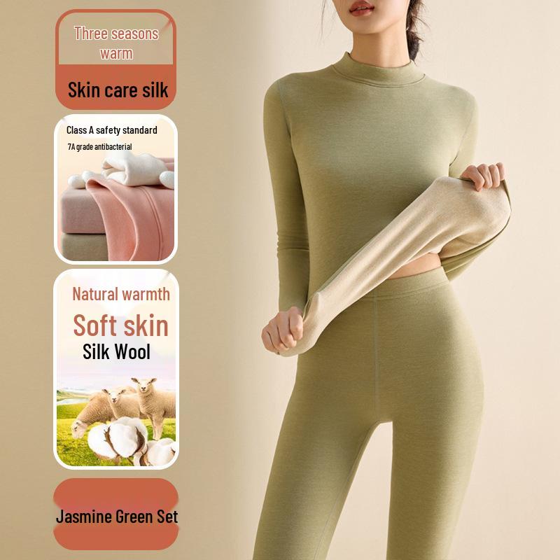 Women's Wool Silk Thermal Set: Warm Stand Collar Top & Trousers - Heat-Generating, Skin-Friendly Base Layer for Autumn/Winter.