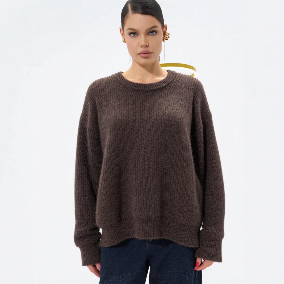 

Women s Loose Fit Round Neck Alpaca Sweater - Solid Color, Soft Knit, Fall/Winter Style Large