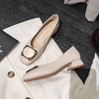 Coarse Heel Single Shoes Women's Spring New Fairy Wind Shallow Mouth Middle Heel Soft Leather Grandma Shoes Large Size Women's Shoes 41-43