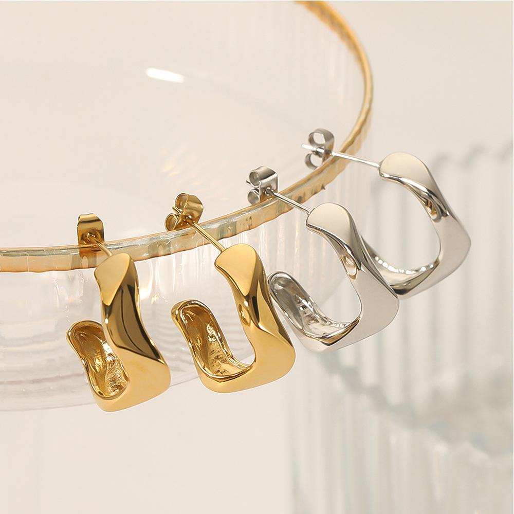 Gold Color Stainless Steel Earrings For Women Spring Curved Half Hoop Pierce Drop Stud