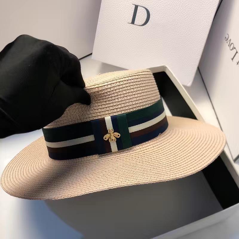 Elegante Cappello di Paglia a Tesa Piatta, Cappello Estivo da Donna Stile Britannico per Gite al Mare Protezione Solare Parasole