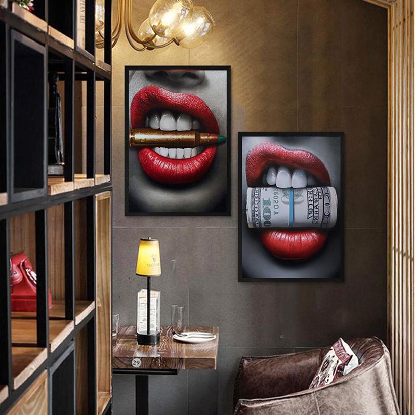 Wall art painting Sexy Bloody Canvas painting wall art pictures Red Lips Bite Bullet Money wall painting Wall Art For Living Room Home Decor Frameless