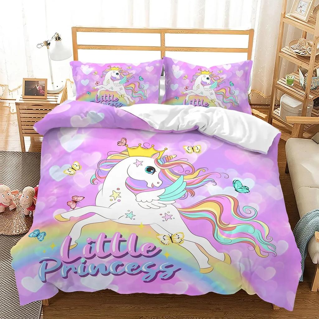 Rainbow Unicorn Duvet Cover Set Queen Size, Glitter Rainbow Unicorn Bedding Set for Girls Teens, Rainbow Unicorn Comforter Cover