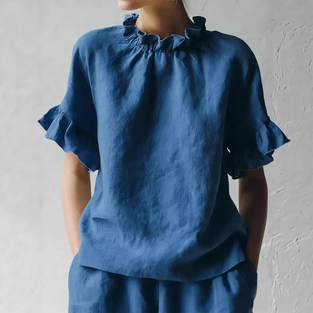 Women Summer New Solid Color Casual Loose Ruffle Short Sleeve Blouse